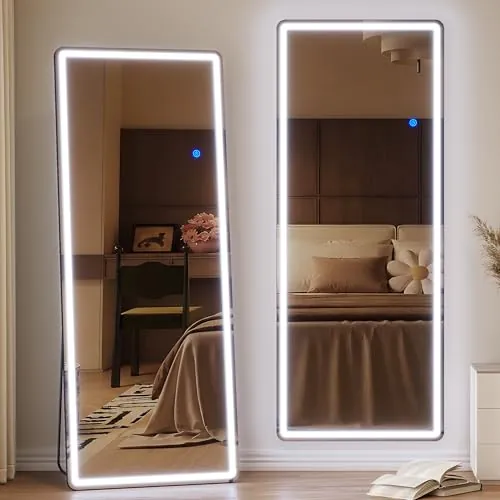ZKIODV 165x65cm Espejo de pie Cuerpo Entero LED, Grande Espejo de Pared con Luz, Espejo de Cuerpo Entero Rectangular, Suspensión Vertical y Horizontal, Espejo Vestidor para Dormitorio, Salón (Negro)