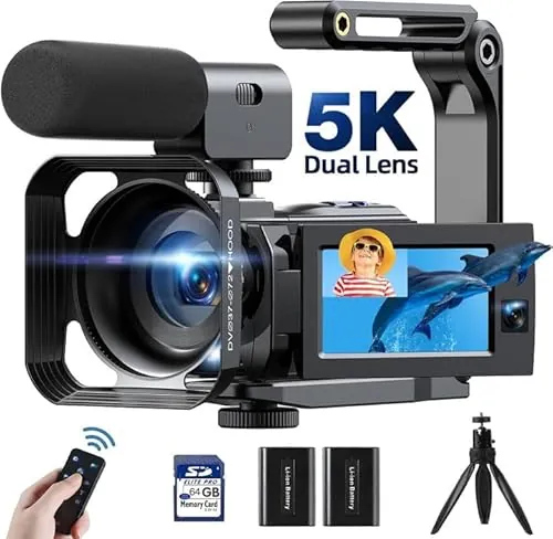 Cámara de vídeo 5K videocámara 56MP doble lente WiFi 16X pantalla táctil de 3.0" cámara Vlog para YouTube grabadora de vídeo con visión nocturna por infrarrojos 2 baterías, tarjeta de 64GB,micrófono
