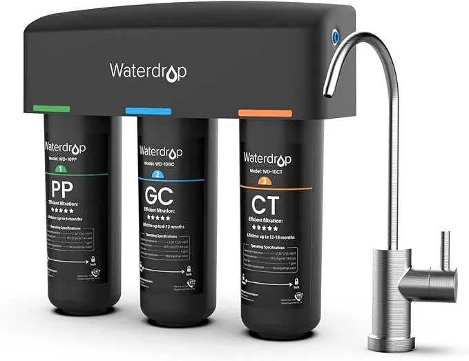Waterdrop TSB Sistema de Filtro de Agua Inferior con Grifo Dedicado, Certificado NSF/ANSI 42, 3 Etapas Sistema de Filtrado de Agua, Reduce el Fluoruros, el Plomo, el Cloro, el Mal Sabor