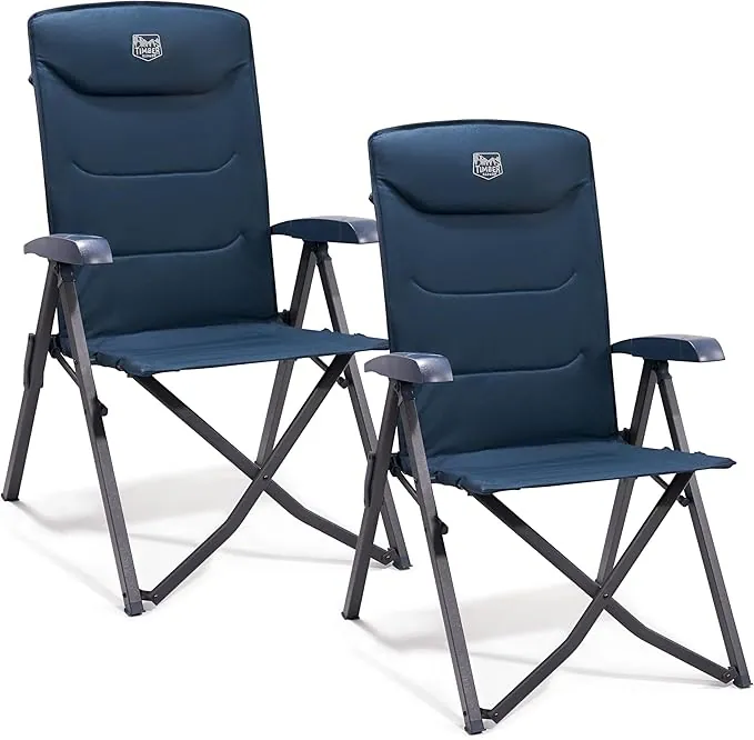 TIMBER RIDGE 2 sillas de camping plegables con respaldo alto, tamaño pequeño, 150 kg, con 4 posiciones ajustables, con bolsa, para jardín, balcón, caravana, azul
