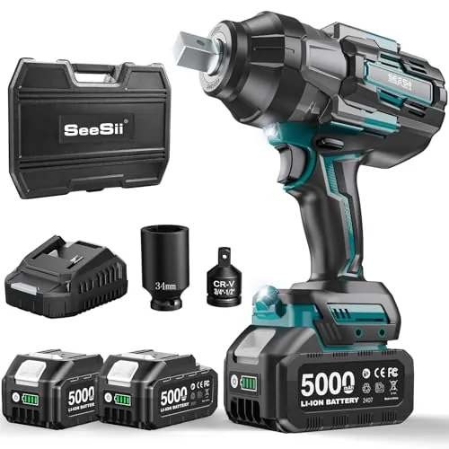 Seesii 1800Nm Llave de Impacto, 3/4'' Pistola de Impacto eléctrica sin Escobillas con 2 * 5000mAh Batería, Caja de Cambios de 3 Velocidades, 3/4'' a 1/2'' Adaptador de Broca, 34mm Tomas