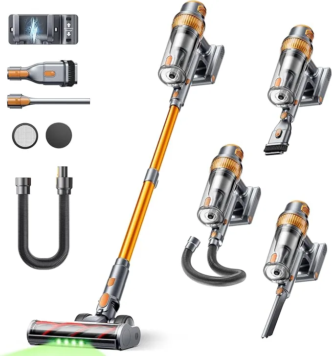 SMOTURE Aspiradora sin Cable 50KPA/600W/65Min, Aspirador Escoba con Manguera de 1M, Cepillo Anti-Enredo con Luz, Modo Automático, Base de Carga de Pared, para Pelo de Mascota/Suelos/Alfombras/Coche