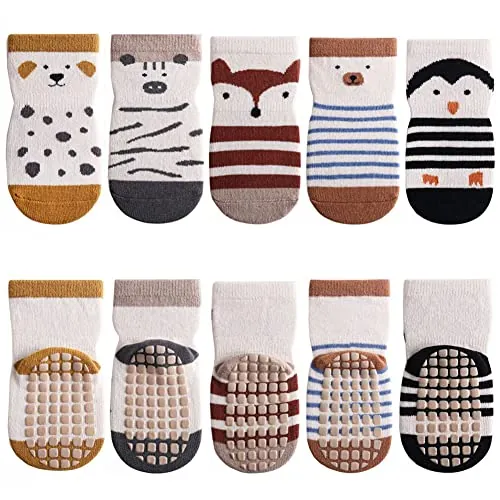 FedMois Calcetines Antideslizantes de Algodón para Bebé Niño Niña Pack de 5, Pingüino, 1-3 años