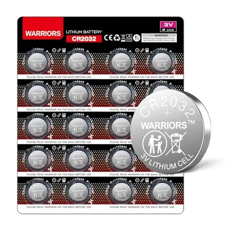 Warriors 20X CR2032 2032 Pilas de Litio de 3V Tipo Botón, Empaque Seguro para Niños, para Dispositivos Electrónicos y Llaves de Coche