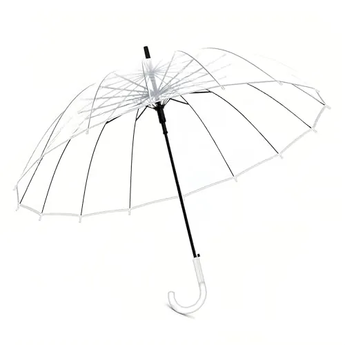 Paraguas Largo y Grande Transparente Resistente al Viento con 12 Varillas de Fibra de Vidrio, Mango Curvado, Ligero y Portátil, Protección Contra la Lluvia, Ideal para Bodas, Viajes y Uso Diario