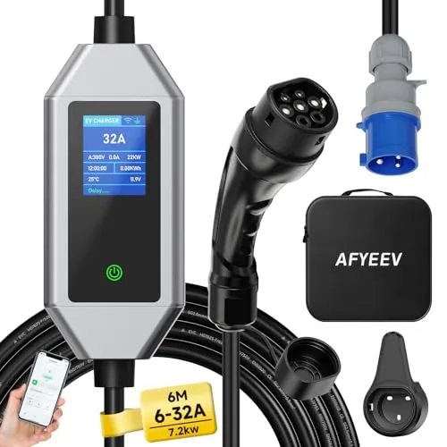AFYEEV 6M 7,2 kW Cargador Coche Electrico Con APP 6-32 A | Cargador de Coche Electrico con Corriente Regulable 6/8/10/13/16/20/24/32A, IP65 IEC 62196-2