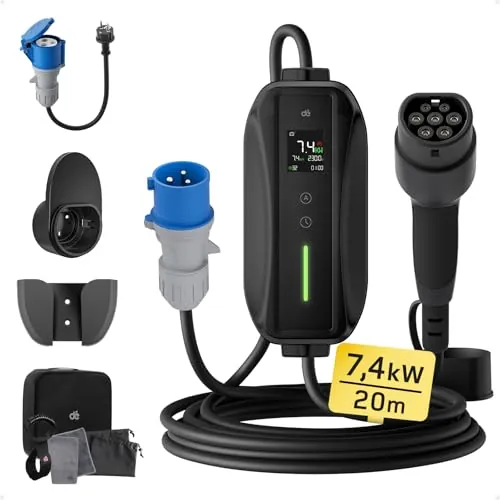 dé Cargador Coche Eléctrico 7,4kW, 32A[20m, 6-32A] con Potencia de Carga Ajustable, Estación de Carga para Model 3/Y, 500e, Spring y Otros EV/PHEV