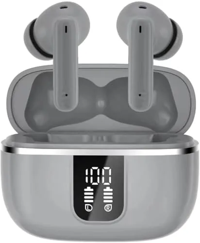 W70 Pro Auriculares Inalámbricos Bluetooth 5.4, Cascos Inalámbricos In-Ear con 46H de Batería y Pantalla LED, IPX7 Impermeable Auriculares Deportivos con 4 Micrófonos ENC para Android iOS. Gris