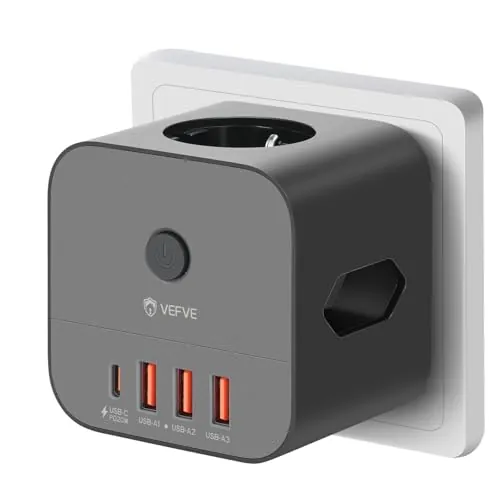 VEFVE Cubo Enchufe 20W USB C Ladrón sin Cable con Interruptor, Negro