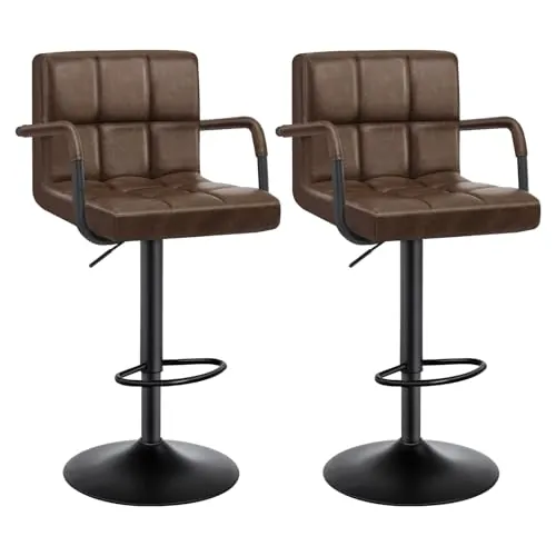 WOLTU 2X Taburete de Bar Giratorio Piel Sintética, Marrón Oscuro | con Reposabrazos y Reposapies, para Bar Barra Cocina Salon