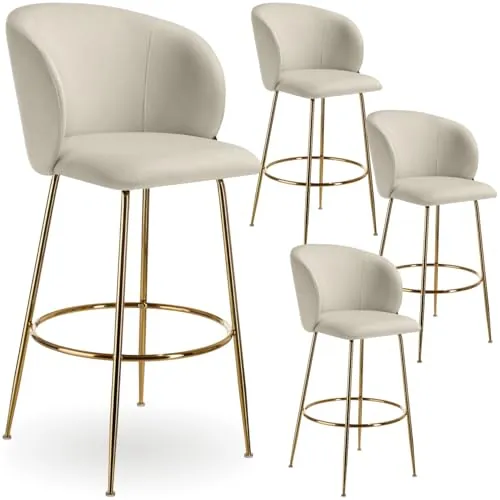 tectake® Taburete Alto con Respaldo Acolchado, Silla de Bar, Banqueta con Patas de Acero y Topes Antideslizantes, Silla Alta de Cocina con Reposapiés, Taburete de Cocina - 4 sillas Crema/Oro