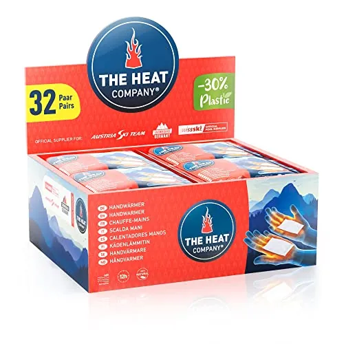 THE HEAT COMPANY Calentadores Manos - 12h de Manos Calientes - Extra CÁLIDO | 32 pares, Nuevo: 30% menos de plástico, 100% natural, calor instantáneo, calientamanos de bolsillo, activado por aire