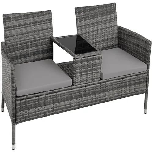 tectake® Banco de poliratán con cojines, Muebles Jardin Exterior, Mesita Cristal Integrada, Fácil de Limpiar, Conjunto Jardin Exterior, Muebles Terraza, Sillones Jardin Exterior - Gris/Gris Claro