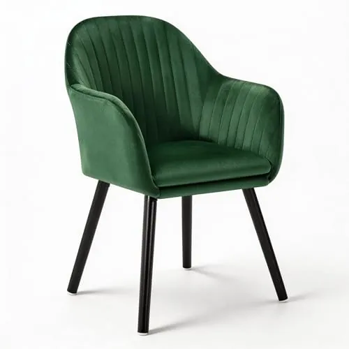 WOLTU 1X Silla de Comedor Nordicas Estilo Vintage, Tapizadas con Reposabrazos en Terciopelo, Estructura de Madera Verde Oscuro-Negro