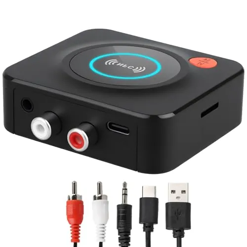 Receptor Bluetooth 5.1 HiFi con Salida AUX 3.5mm/RCA, Adaptador de Audio Inalámbrico con Modo de Graves, Conexión Dual para Estéreo, Altavoces y Amplificadores, Música Inalámbrica