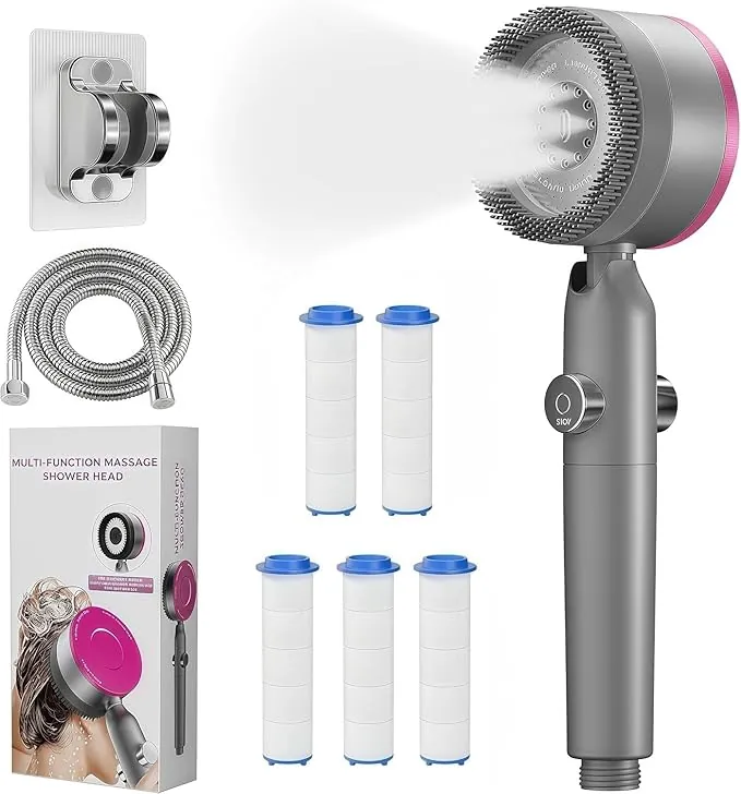 Alcachofa Ducha Alta Presión con 5 Filtros, Manguera 1.5M y Soporte, Cabezal de Ducha Antical de 4 Modos con Botón de Stop, Alcachofa de Ducha Universal para Cuidado de Piel y Pelo, Gris