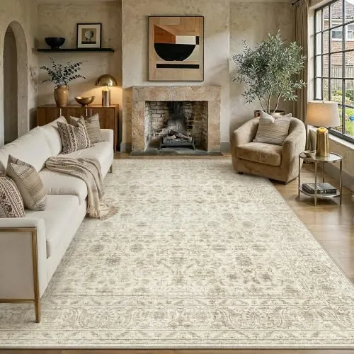 PureCozy Alfombra Salon 200x300cm Beige Antideslizante Lavable Vintage