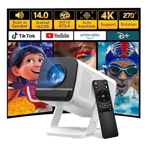[Apps Integradas & Android 14] Mini Proyector con 5G WiFi 6 Bluetooth 5.4, Soporte 4K 1080P, Auto Keystone, 270° Rotable Projector Portátil Compatibile con HDMI/TV Stick/Laptop/USB/iOS LYNCAST