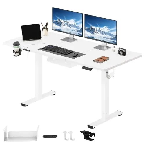 SANODESK Escritorio Elevable Eléctrico 140x60cm, Mesa Ajustable en Altura con Sistema Anticolisión, Función de Memoria de 4 Alturas con Gancho y Caja de Almacenamiento, Blanco