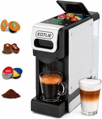 4 en 1 Máquina de Café en Cápsulas 19BAR para Lavazza MIO/Nespresso Original/Dolce Gusto cápsulas y Café Molido, Máquinas Automáticas de Café Espresso en Cápsulas Pequeñas, 1L, 1450 W (BLACK-ES)