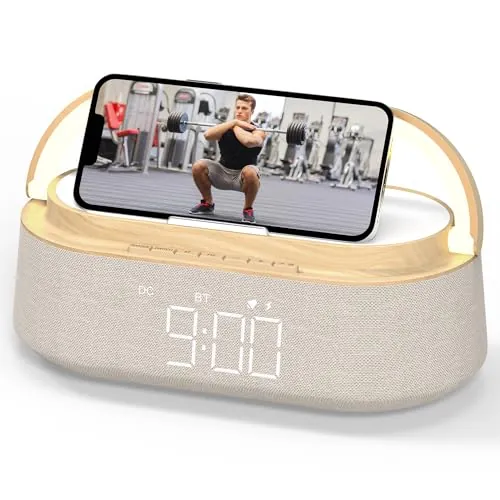 COLSUR Radio Despertador Digital con Carga Inalambrica, FM Radio con Puerto de carca USB, Pantalla LED Ajustable, Luz Nocturna, Bluetooth, Alarma de Temporizador de Apagado y Soporte para Teléfono