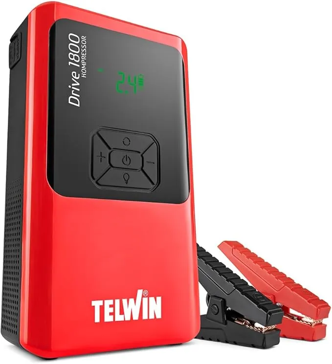 Telwin Drive 1800 Kompressor 12V Arrancador de Emergencia Portátil Ultracompacto Multifunción al Litio para Coches, Motos, Barcos con Compresor Integrado, Powerbank y Luz LED, 1800A
