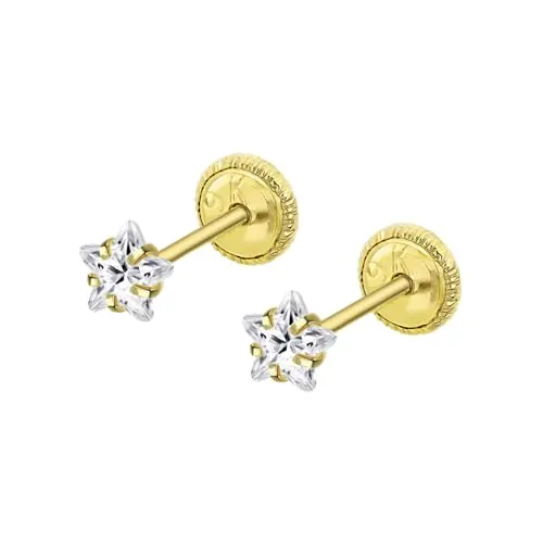 TIME ROAD Pendientes Bebé Niña de Oro 9K HIN00160/4 - Cierre Seguro de Rosca - Pendientes de Estrella 4 mm - Infantil 3, 6, 12 a 24 meses - Ideal como Regalo de Nacimiento, Bautizo o Cumpleaños