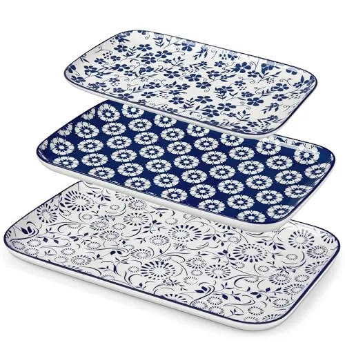 vancasso SELENE Juego de 3 Platos Rectangulares de Porcelana para Servir - 40,7/36/30,8 cm - Estilo B Oriental Chino Azul y Blanco - Plato para Postres, Pastas y Ensalada - Apto para Microondas