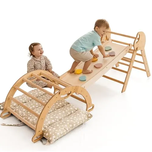 Goodevas Estructura de Escalada 5 en 1 para Niños - Escalera en Triángulo, Arco de Escalada, Balance Board y Cojín, Estructura de Escalada Montessori, Gimnasio de Madera para Niños de 1 a 3 Años