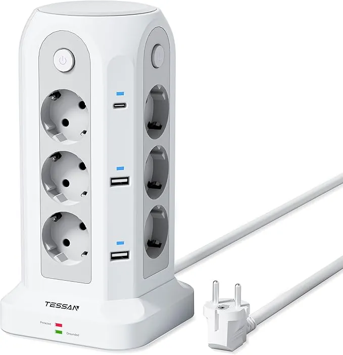 TESSAN Regleta Enchufes con Interruptor Individual, 18 en 1 Torre Enchufes Vertical con 6 USB, 12 Tomas Multiples con 2 USB C y Proteccion Sobretension, Torre Multiple con Cable 2M para Oficina Casa
