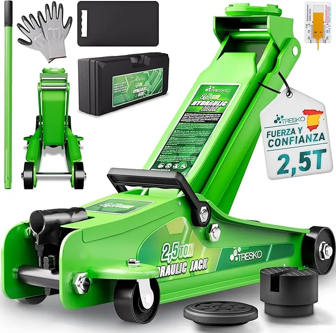 TRESKO Gato hidráulico, 2,5 toneladas, altura de elevación 85-385 mm, con maleta, gato hidráulico, plano para vehículos bajos, ruedas de 360°, incluye 2 almohadillas de goma, alfombrilla de rodilla