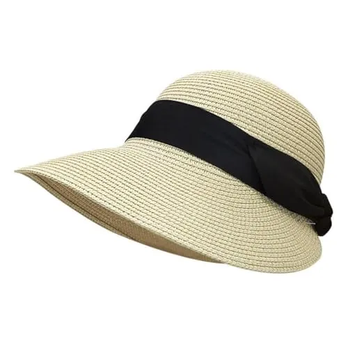 Feelorna Sombrero de Paja para Mujer con Ala Ancha, Protección UV, Transpirable, de Playa y Verano Plegable para Viajes y Vacaciones