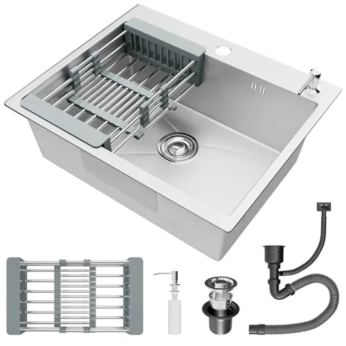 STANEW noxidable Fregadero Cocina 1 Seno 55 x 45cm, Sobre Encimera,con Cesta de Filtro Extensible,Dispensador de jabón,plateado