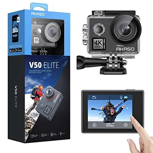 AKASO Cámara Deportiva WiFi 4K/60fps 20MP, Cámara de Acción con EIS Pantalla Táctil, Cámara Acuatica Sumergible 40M con Control de Voz 8X Zoom Control Remoto 2 Baterías Multi Accesorios