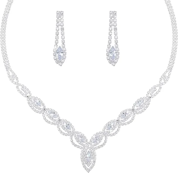 Yolev Conjunto Joyas Mujer Nupcial para Boda Collar de Diamantes de Imitación para Novia Pendientes Novia Conjunto Collar y Pendientes para Baile de Graduación Conjunto de Joyería para Fiesta