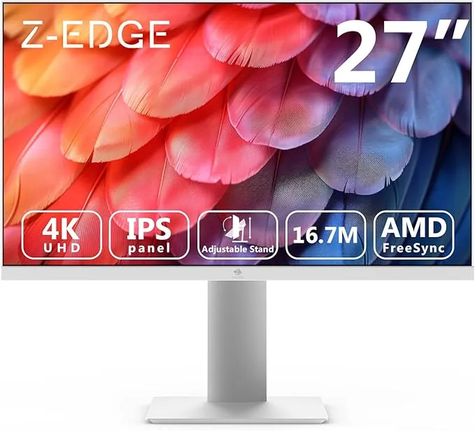 Z-Edge Monitor 27 Pulgadas IPS 4K (3840x2160), FreeSync, 60 Hz, Monitor UHD Blanco 16:9, 2xHDMI2.0 y 2×DP 1.4, 5ms, Altura Ajustable/Vertical/Horizontal/Giratorio, VESA (Cable DP Incluido)