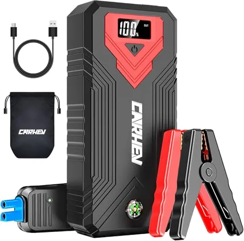 CARHEV Arrancador de Coches 4000A, 12V Arrancador de Baterias de Coche Portátil (hasta 8,0L de Gas o 8,0L de Diésel), Car Jump Starter con Linterna LED y Pinzas bateria Coches