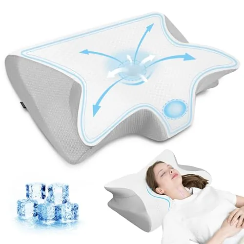 HOMCA Almohada Cervical 2 en 1 Espuma de Memoria, Blanco+Gris 60x40x12/14cm