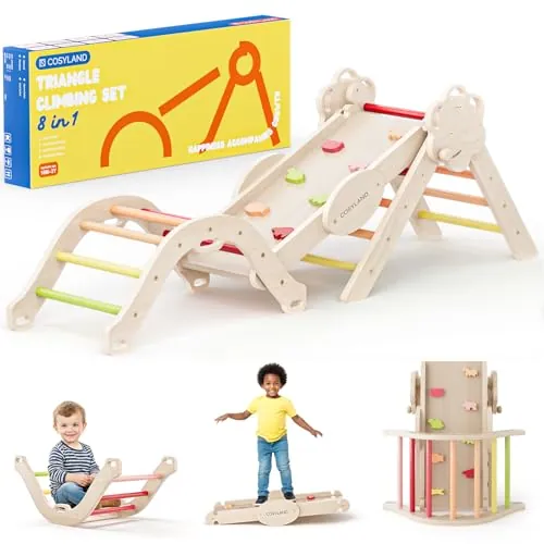 COSYLAND 8 en 1 Triángulo de Escalada Montessori con Arco y Rampa, Set Plegable Infantil, Juguete de Madera Resistente para Interior, Niños 18 Meses-6 años, Natural/Tonos Cálidos, Mediano