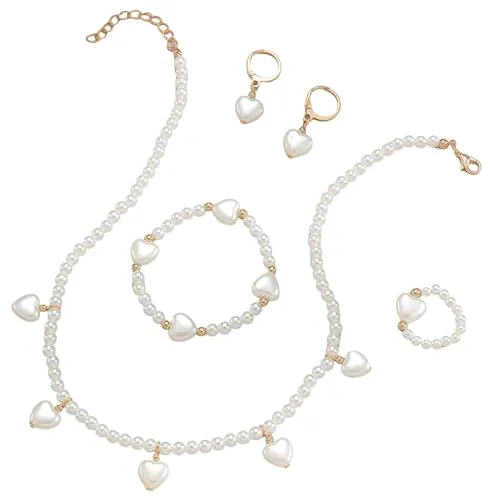 MUNSKT Juego de 5 piezas de joyas para niñas, pendientes de perlas, anillos, pulseras, collares para niñas, joyería para niñas, regalo para niñas pequeñas
