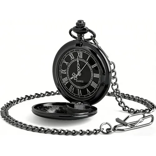 Ziyonix Reloj Bolsillo Hombre con Cadena, Vintage Reloj de Bolsillo de Cuarzo - Regalo Antiguo para Cumpleaños, Aniversario, Navidad, Día del Padre (Negro)
