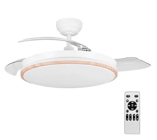 Casa Shop Ventilador con Luz LED 72W 50CM de 7590lm, Motor DC, temporizador, 6 velocidades, aspas retráctiles, CCT, función verano-invierno Silencioso, Controlador Incorporado (Madera)