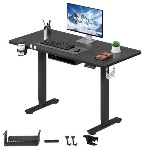 SANODESK Escritorio Elevable Eléctrico 110x54cm con Tablero Completo, Mesa Ajustable en Altura con Sistema Anticolisión, Función de Memoria de 4 Alturas con Gancho y Caja de Almacenamiento, Negro