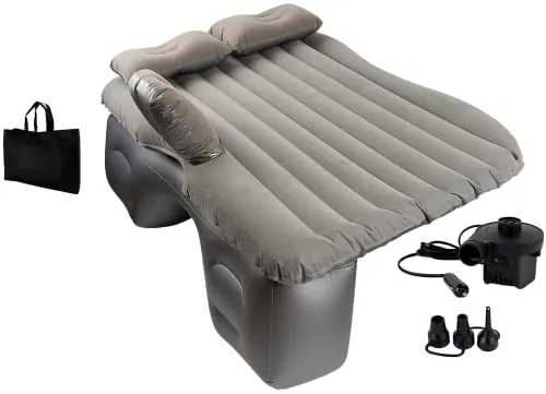 EDIESI, Colchón Coche Hinchable, Colchoneta Inflable Individual para Asiento Trasero, con Bomba de Aire Eléctrica de 12 V y 3 Adaptadores, Accesorios Coche (Gris)