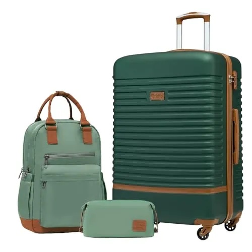 COOLIFE Juego de Maletas 3 Piezas, 28" Maleta Grande para Viajes Largos | Maleta de Viaje con Cerradura TSA y Ruedas Giratorias de 360°, Juego Maletas de Viaje con Mochila y Neceser (Verde/Marrón)