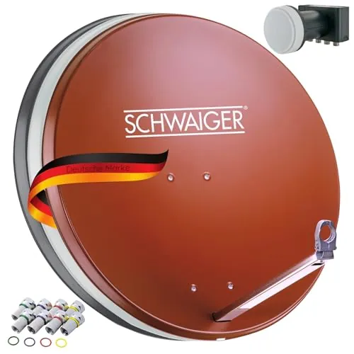 SCHWAIGER 555 Sistema Sat Set satélite Antena parabólica Quad LNB Digital 8X F-Plug 7mm Antena Sat de Aluminio Set Completo Rojo ladrillo 74,5 x 84,5 cm