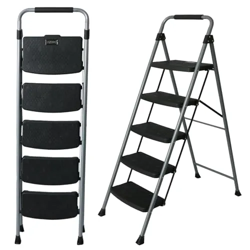 UZIRO Escalera Plegable 5 Peldaños de Acero y Aluminio, Escalera Pequeña Plateada con Peldaños Antideslizantes, Asa de Goma, para Hogar, Cocina, Oficina y Bricolaje
