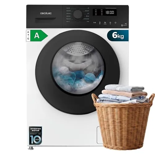 Cecotec Lavadora 6 Kg Carga Frontal Bolero DressCode 6150 Inverter A HairCatch Kit. 1650W, 1000 rpm, 12 programas, Motor Inverter Plus, Steam Max, Drum Clean, Delay Start y Child Lock.