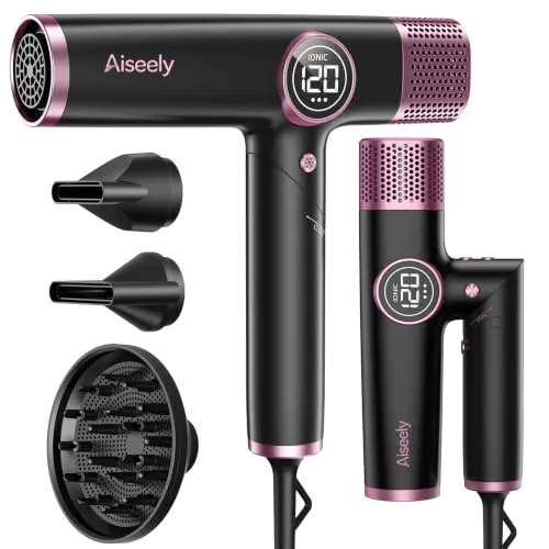AISEELY Secador de Pelo 110.000 RPM, Iónico Plegable, 2 Boquillas y Difusor | 1800W, Doble Voltaje 100-240V, Aire Frío/Calor, Ligero y Bajo Ruido, Cable 2 m, para Cabello Grueso Fino y Rizado