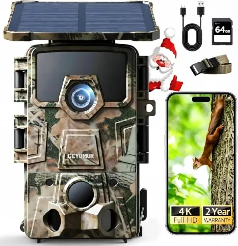 CEYOMUR 4K UHD Camara Fototrampeo Solar, WiFi 6 Cámara Caza Nocturna | Tarjeta SD de 64 GB, Batería Recargable de 5200 mAh, Detección 120°, Envio al Movil App, Impermeable IP66